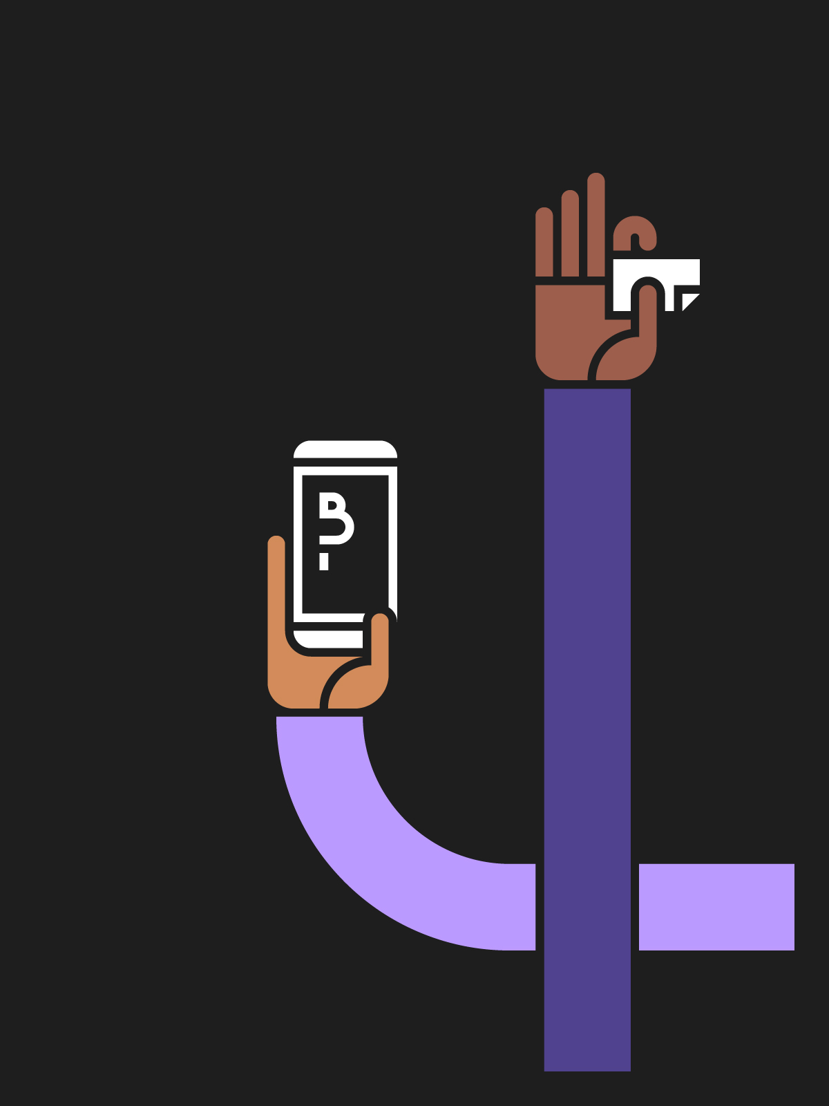 Illustration depicting two stylised hands holding a business card and a mobile phone with a logo on it.