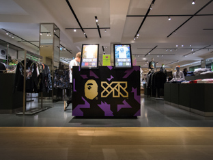 YR x A Bathing Ape co-branded customization booth at Selfridges department store in London.