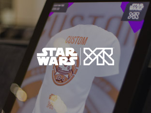 Interactive touchscreen displaying custom t-shirt with YR x Star Wars logo at Selfridges.